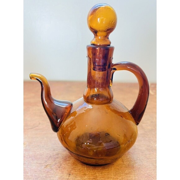 Pilgrim Other - VTG MCM Pilgrim Blown Glass Amber Mini Pitcher Vase Teapot Cruet  5 3/4” Tall